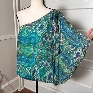 Cache Vintage Silk Blouse Turquoise Paisley Beaded Off The Shoulder Flow Y2K